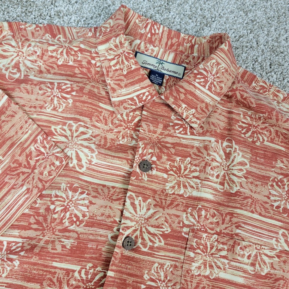 Vintage Tommy Bahama Mens Medium Orange Striped AOP Floral Hawaiian SS 100% Silk